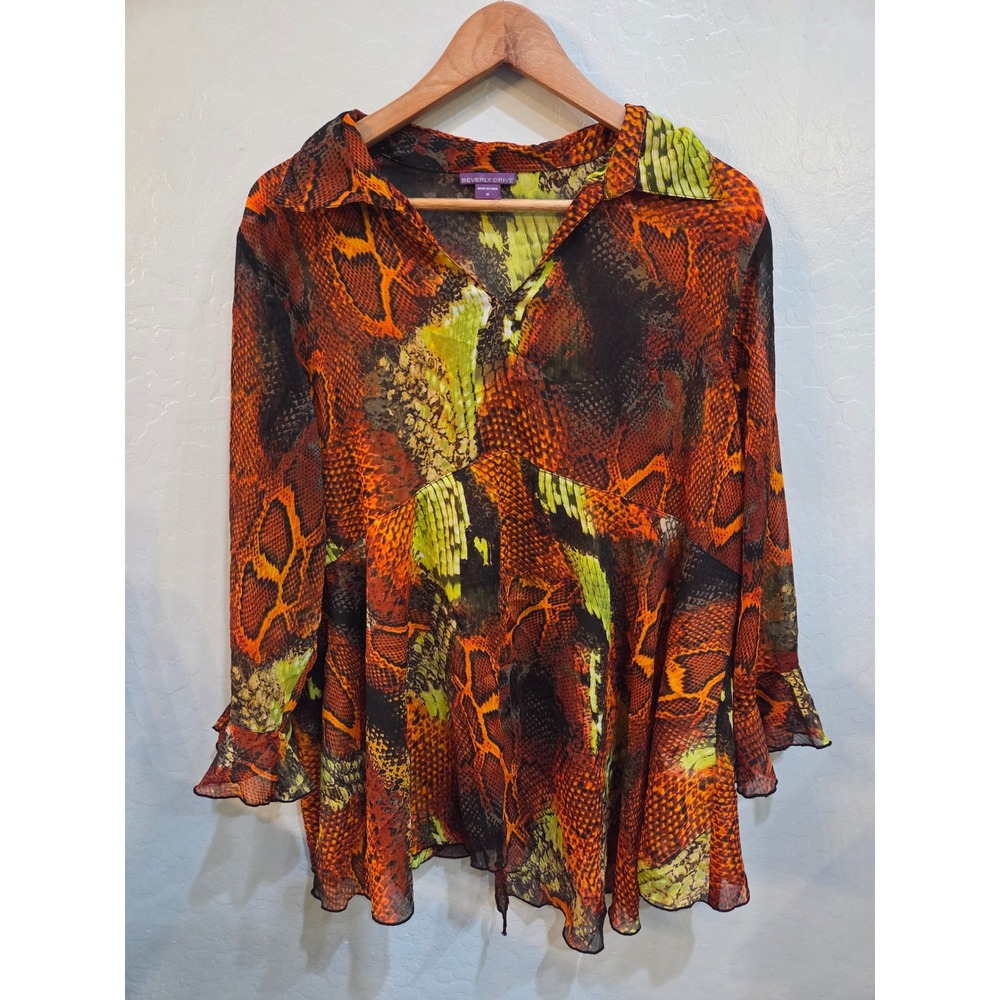 Beverly Drive Orange Lime  Babydoll Snakeskin Mesh Blouse Ruffle Top Woman 1XL